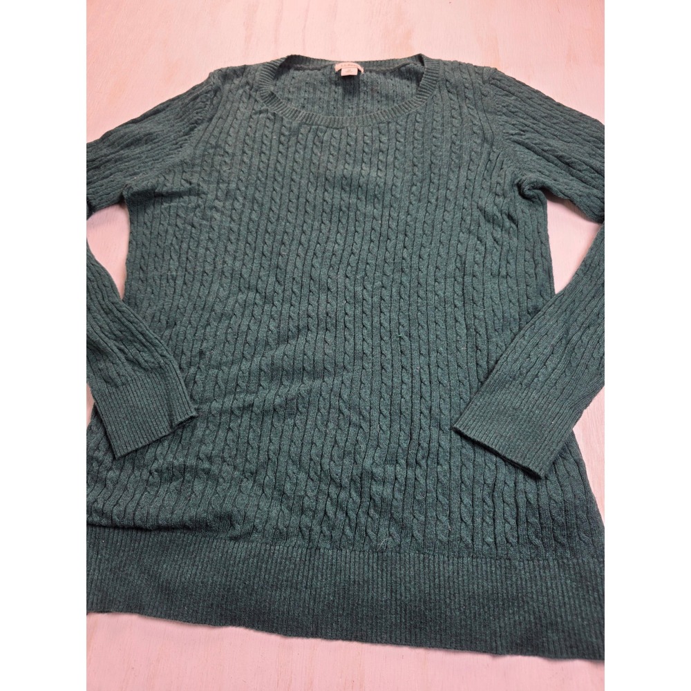 LL Bean Women M Forest Green Cable Knit Merino Wool Blend Sweater 500635 Classic
